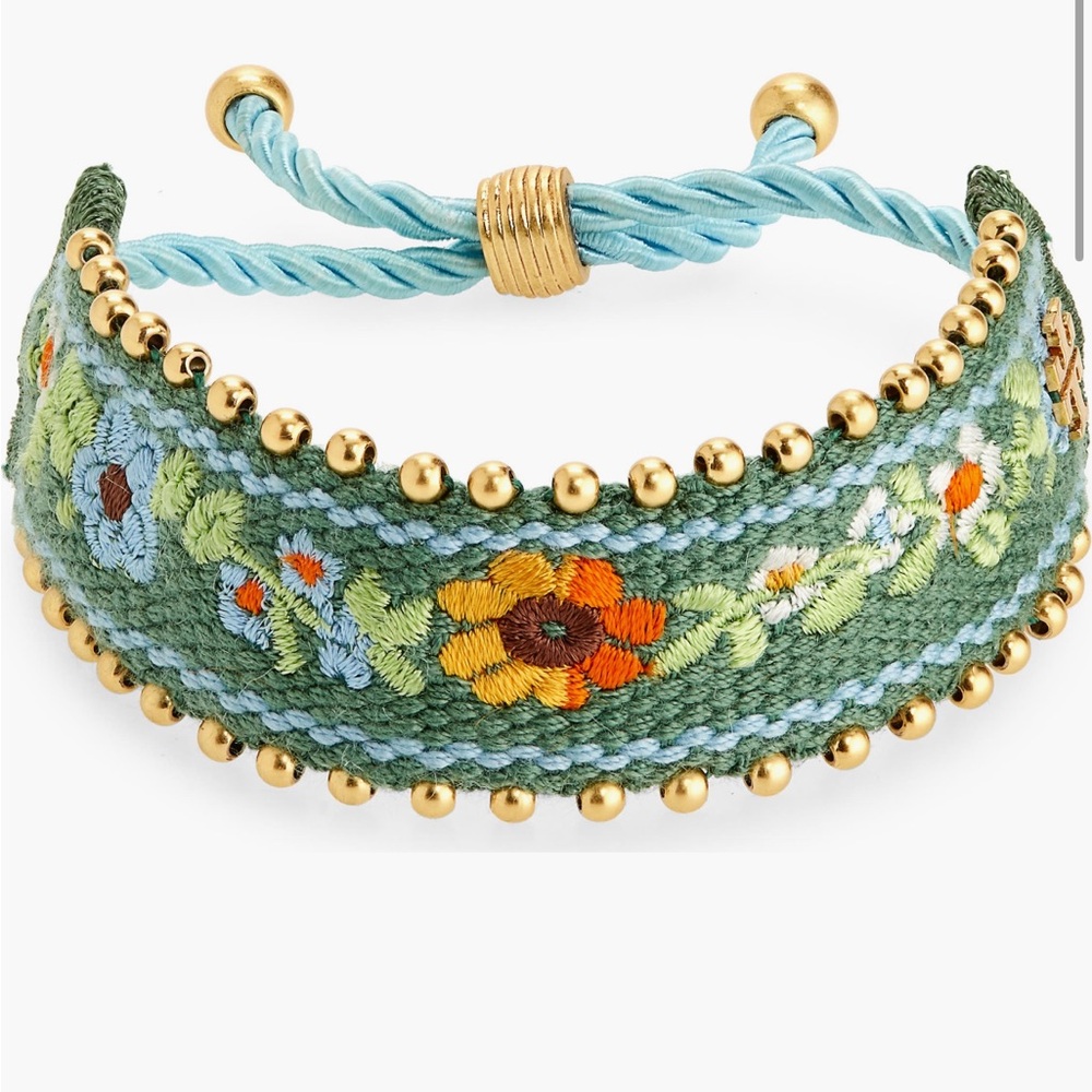 Tory Burch Green Floral Embroidered Friendship Bracelet